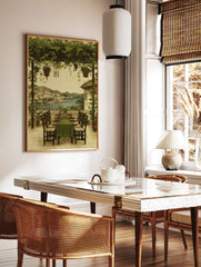 Mediterranean coastal wall art showing an al fresco dining terrace with green pergola overlooking a seaside town and blue sea. - Image 2