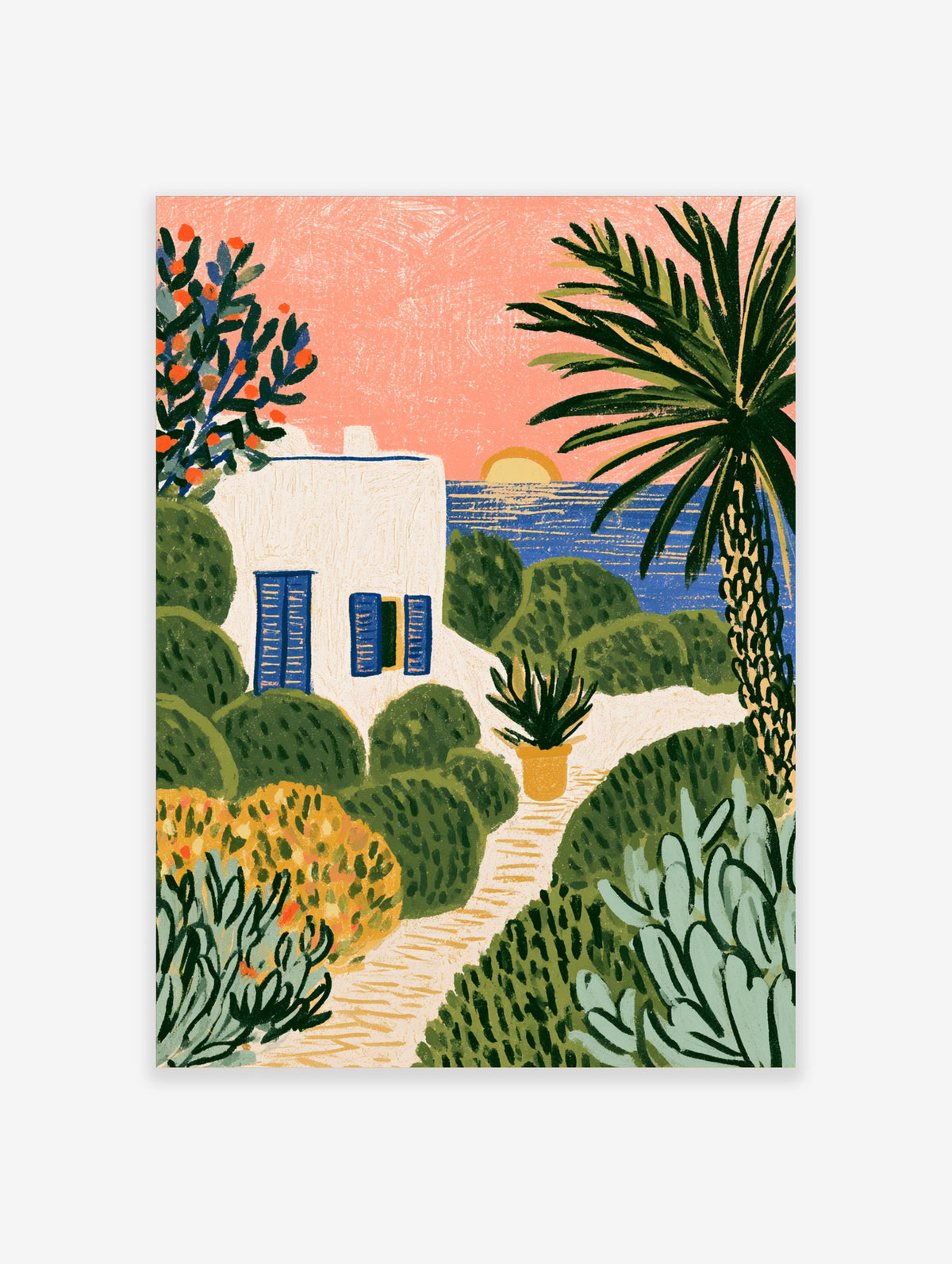 Mediterranean coastal art print of a white villa with blue shutters, palm tree, and sunset over the sea