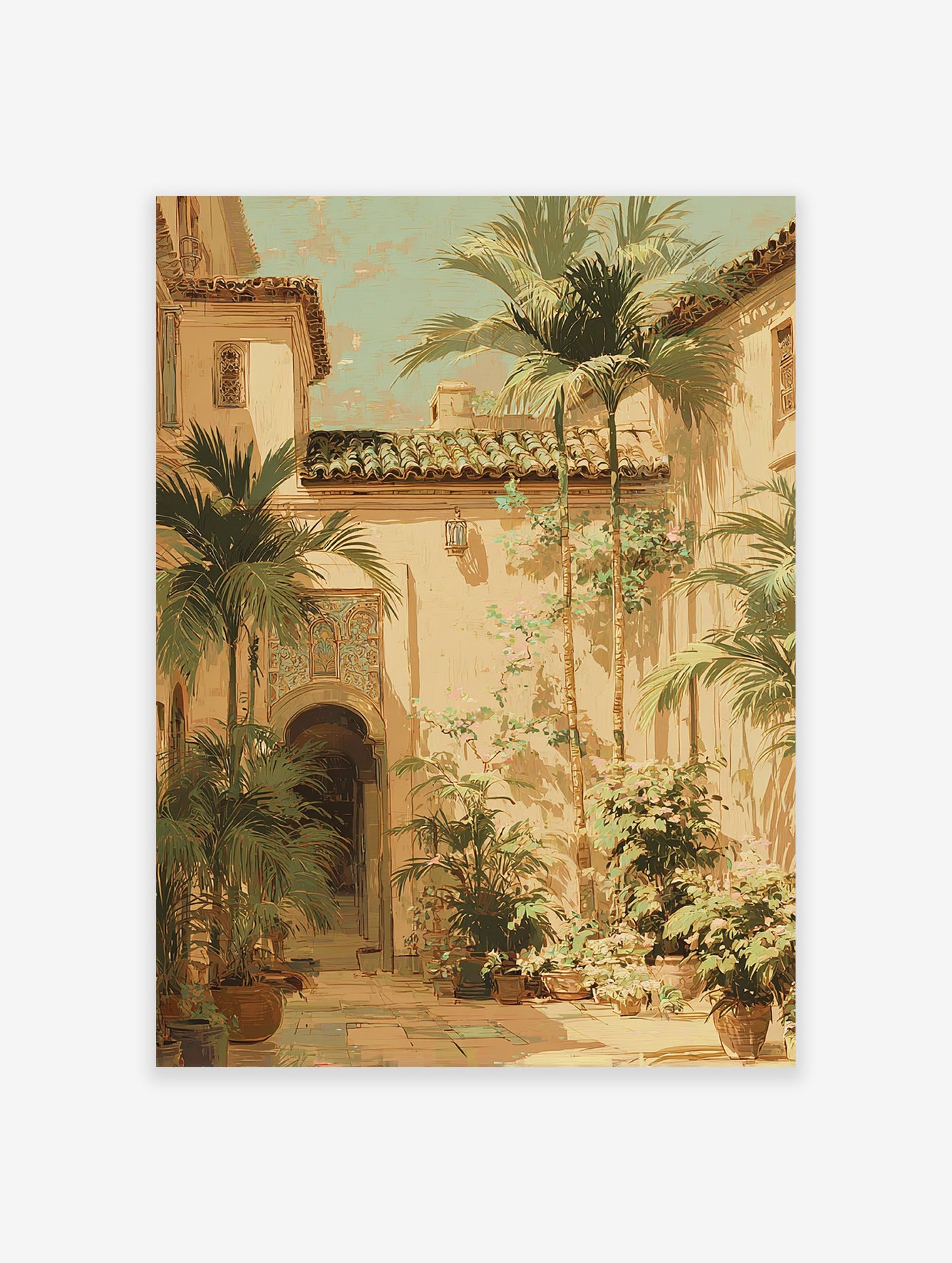 Sunlit Mediterranean courtyard wall art with palm trees, arched doorways, tiled roofs, and potted plants in illustrative style.