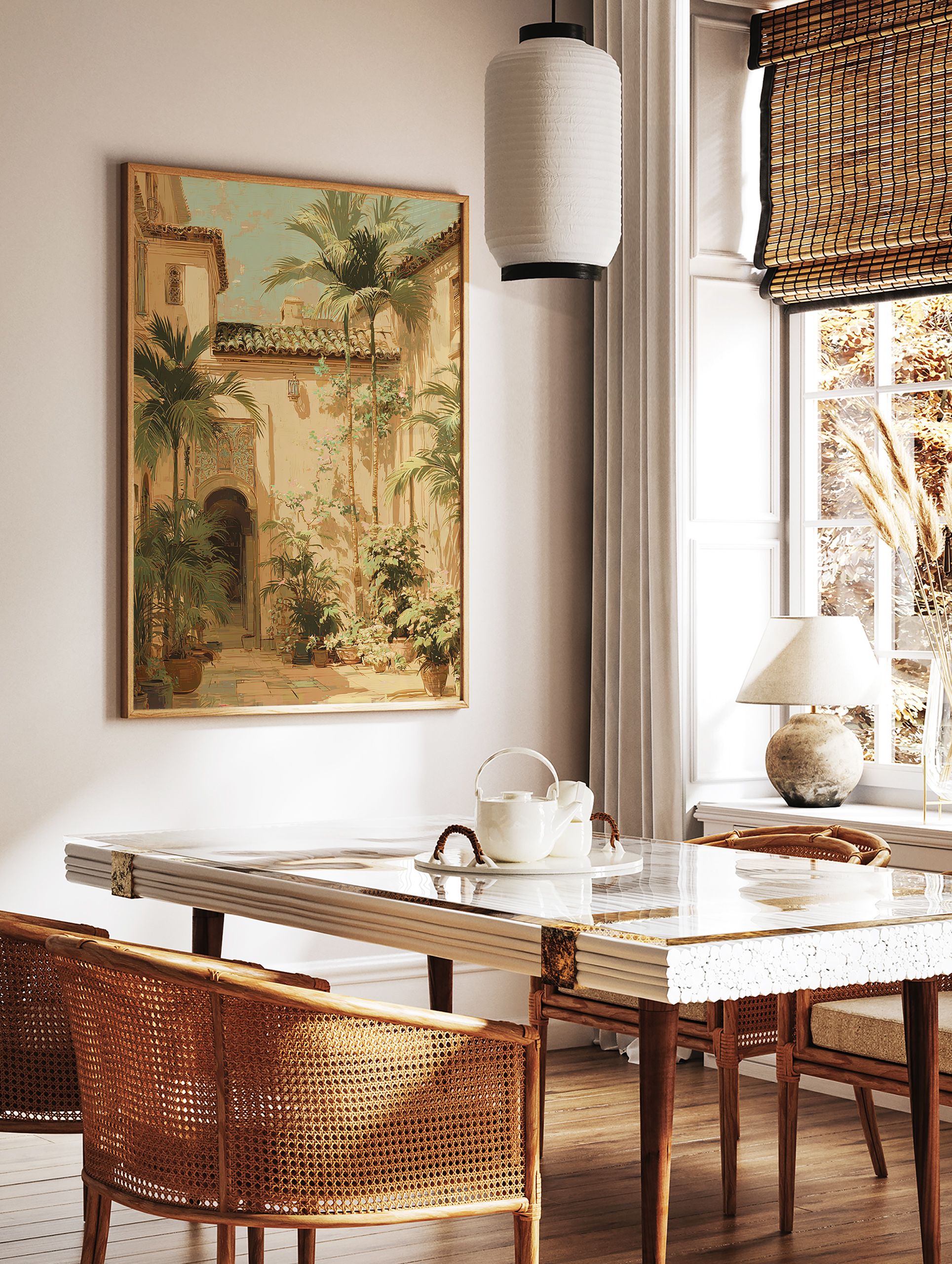 Sunlit Mediterranean courtyard wall art with palm trees, arched doorways, tiled roofs, and potted plants in illustrative style. - Image 2