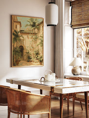 Sunlit Mediterranean courtyard wall art with palm trees, arched doorways, tiled roofs, and potted plants in illustrative style. - Image 2