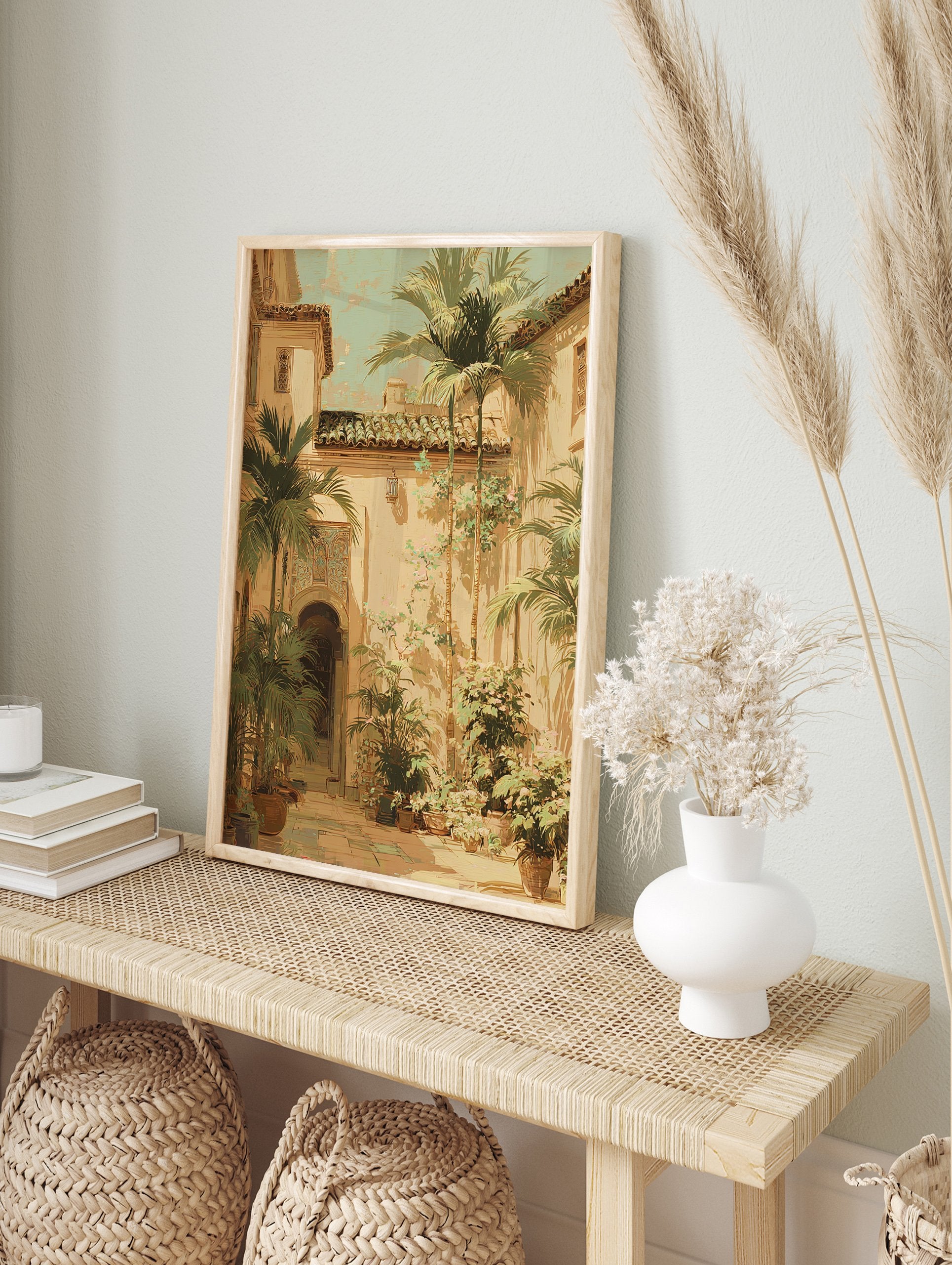 Sunlit Mediterranean courtyard wall art with palm trees, arched doorways, tiled roofs, and potted plants in illustrative style. - Image 3