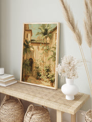 Sunlit Mediterranean courtyard wall art with palm trees, arched doorways, tiled roofs, and potted plants in illustrative style. - Image 3