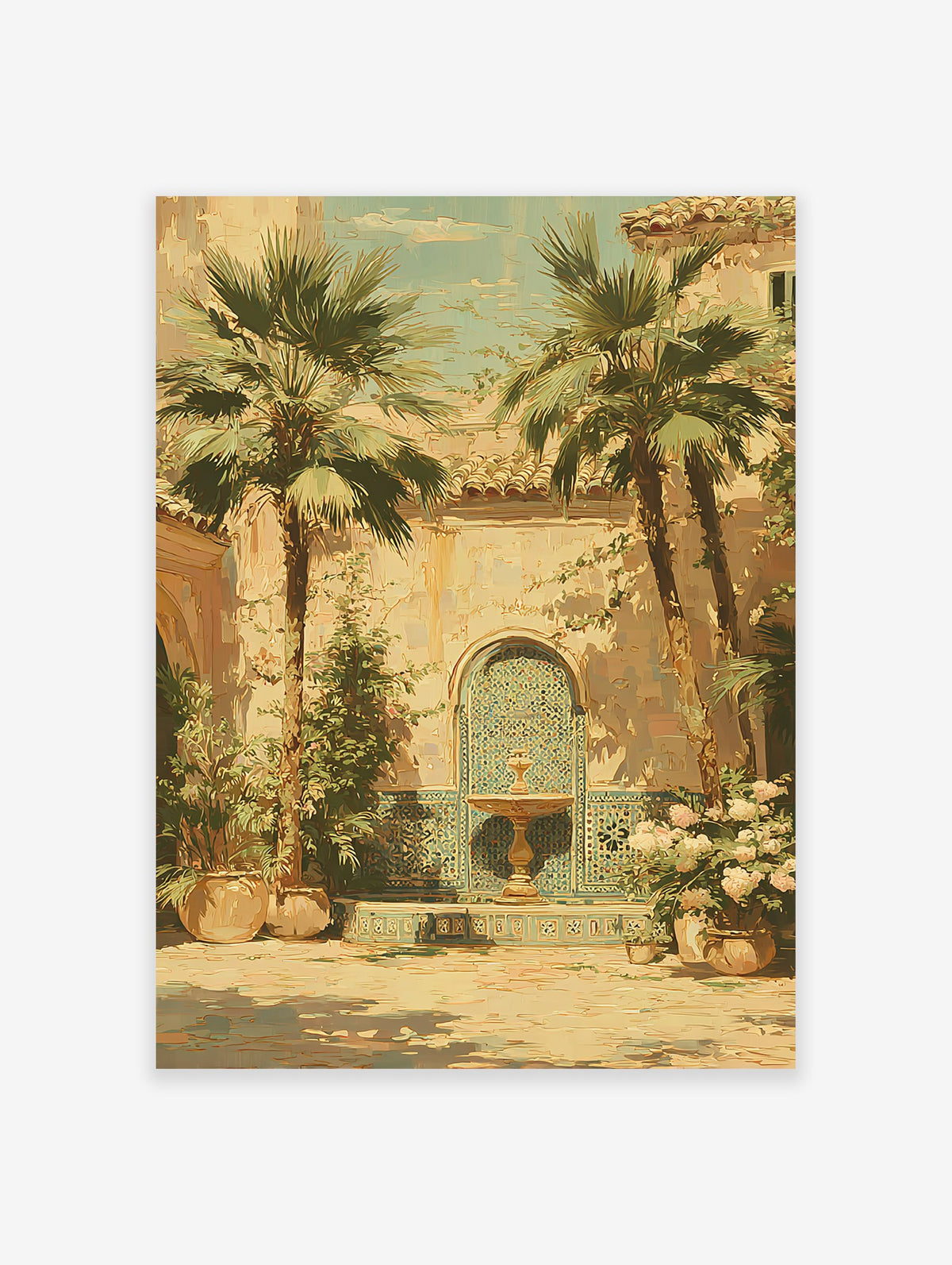 Vibrant Mediterranean courtyard painting with a blue tiled fountain, two tall palm trees, and lush potted plants.