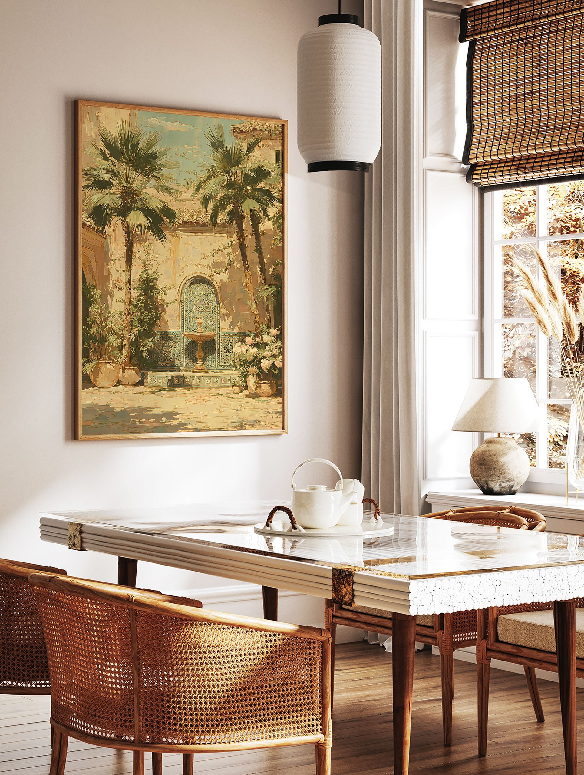 Vibrant Mediterranean courtyard painting with a blue tiled fountain, two tall palm trees, and lush potted plants. - Image 2