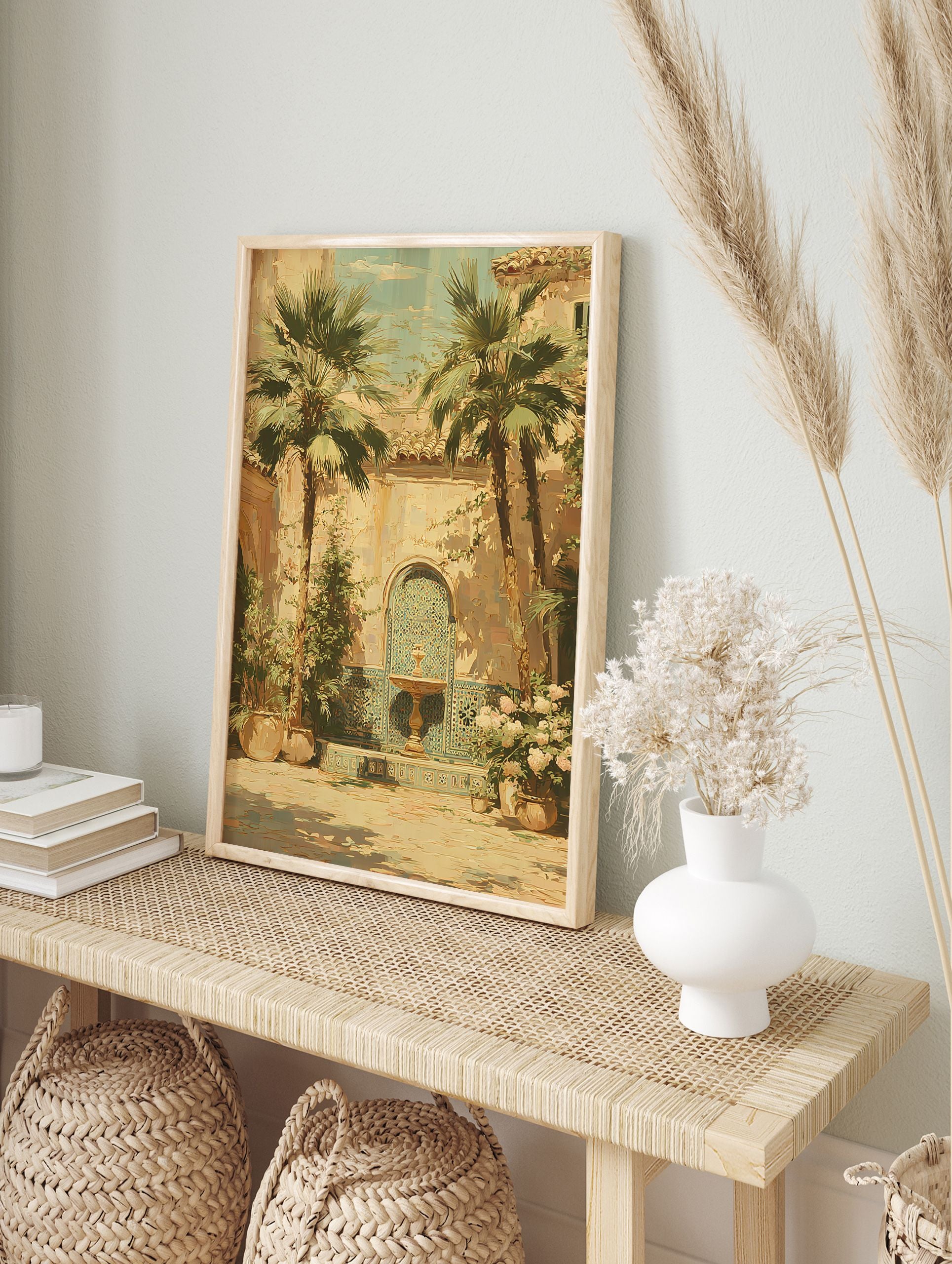 Vibrant Mediterranean courtyard painting with a blue tiled fountain, two tall palm trees, and lush potted plants. - Image 3