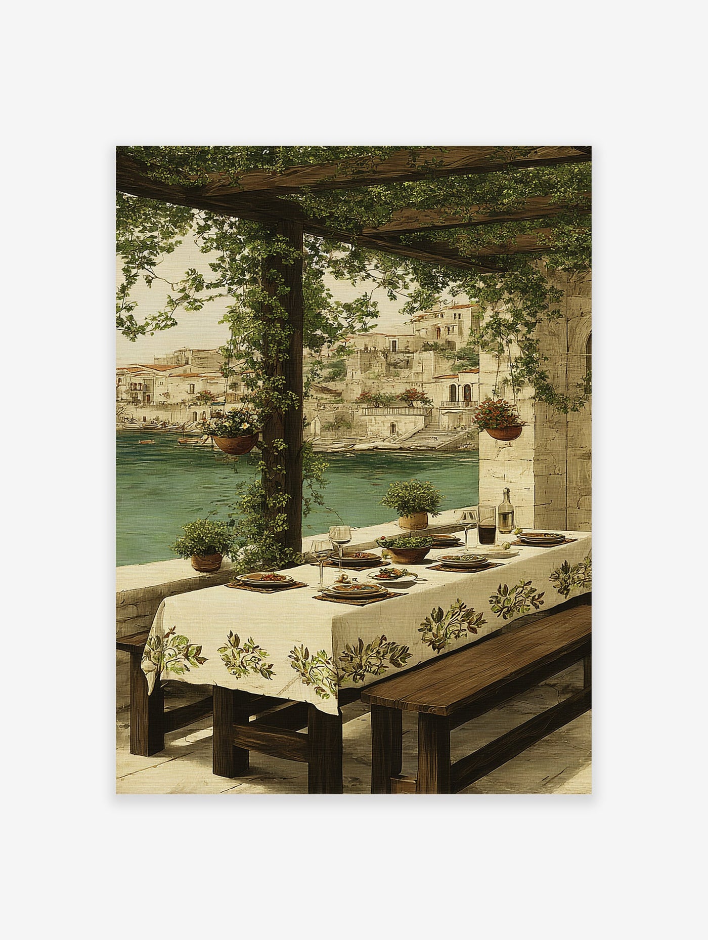 Painting of an outdoor dining table under a green pergola overlooking a Mediterranean coastal town and turquoise water.