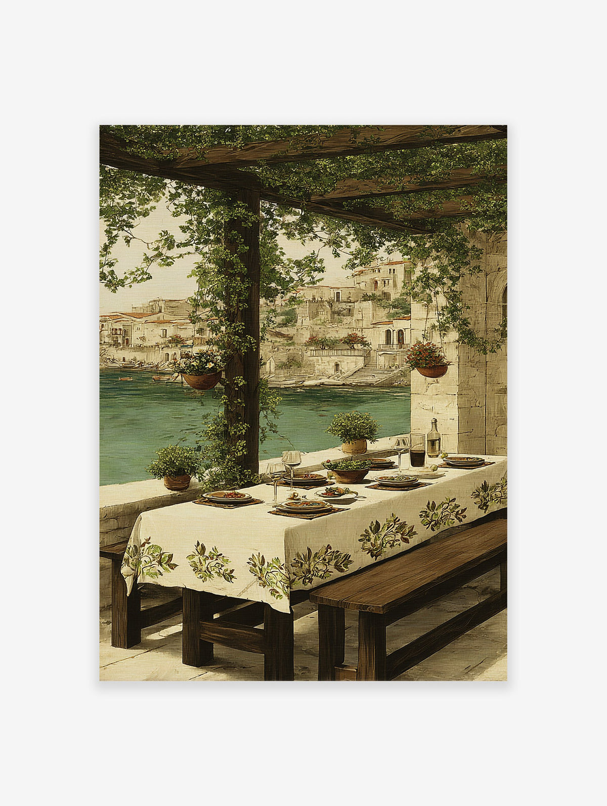 Painting of an outdoor dining table under a green pergola overlooking a Mediterranean coastal town and turquoise water.