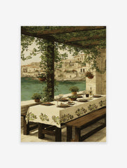 Painting of an outdoor dining table under a green pergola overlooking a Mediterranean coastal town and turquoise water.