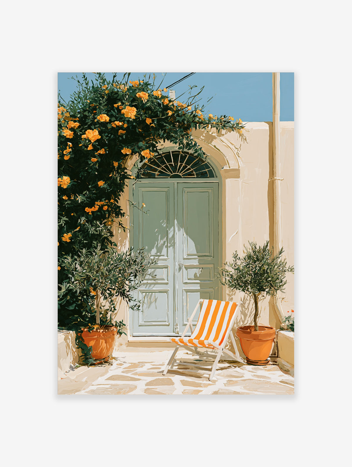 Mediterranean patio with sage green door, orange flowers, olive trees, and striped deck chair