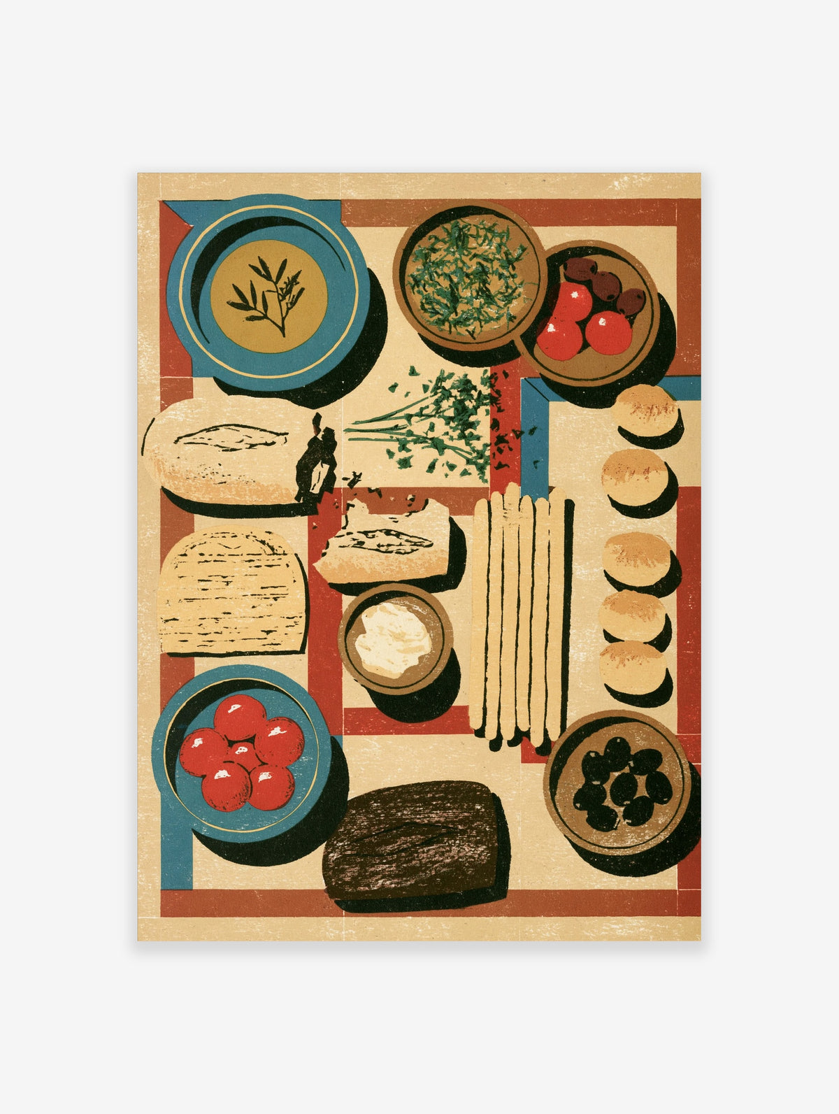 Mediterranean feast wall art with bread, olives, tomatoes, herbs, and bowls on geometric background