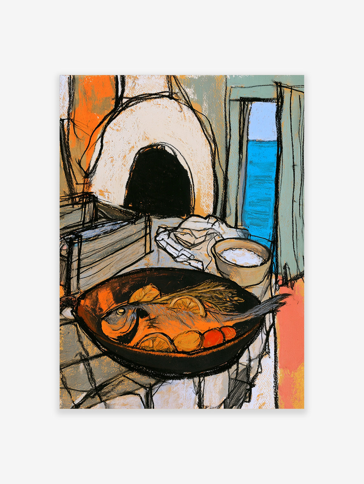 Rustic kitchen poster of a fish in a black pan with lemon and herbs, stone oven and blue sea behind