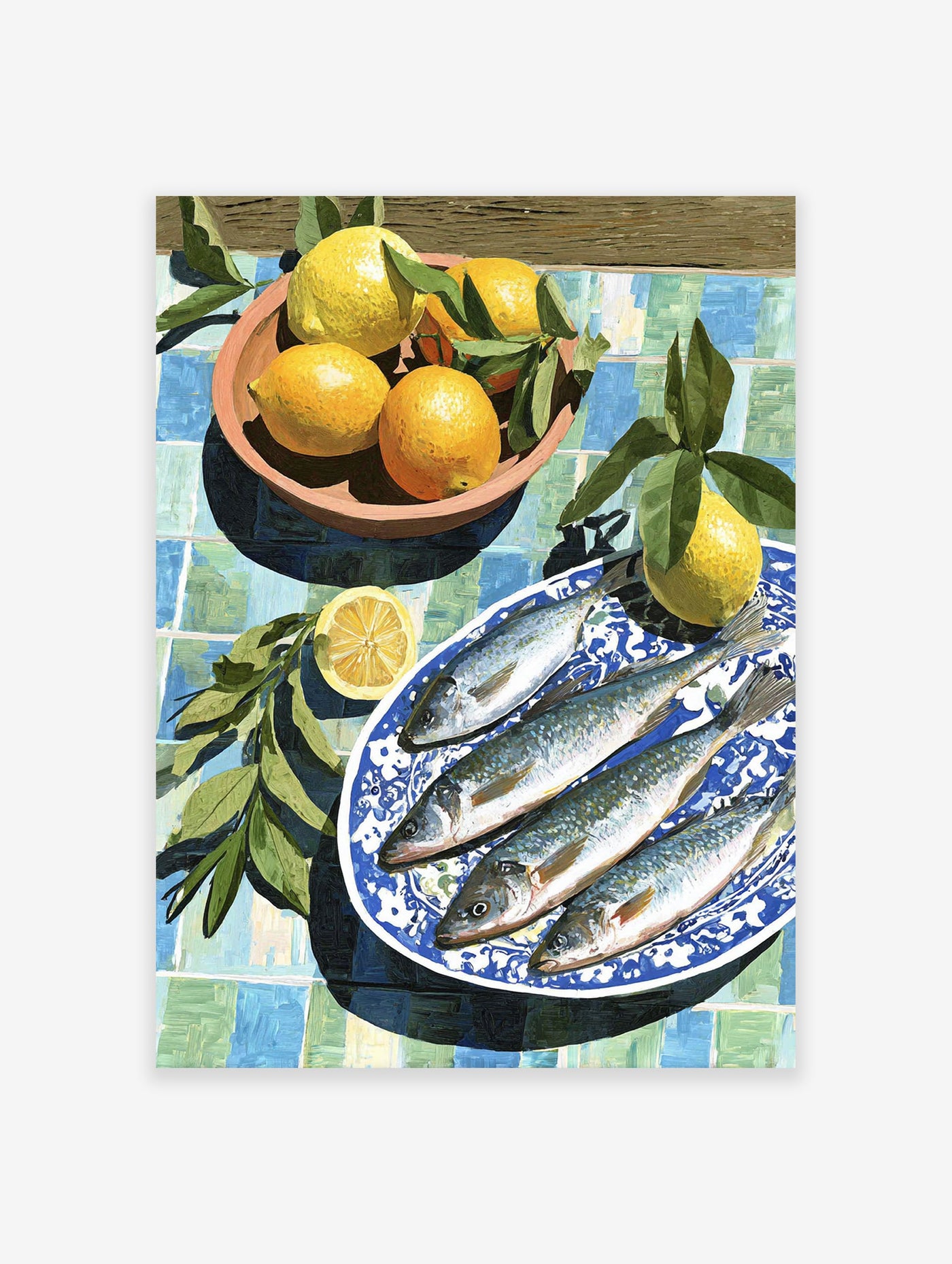 Mediterranean fish and lemons on a blue and white patterned plate and a tiled table, still life wall art print.