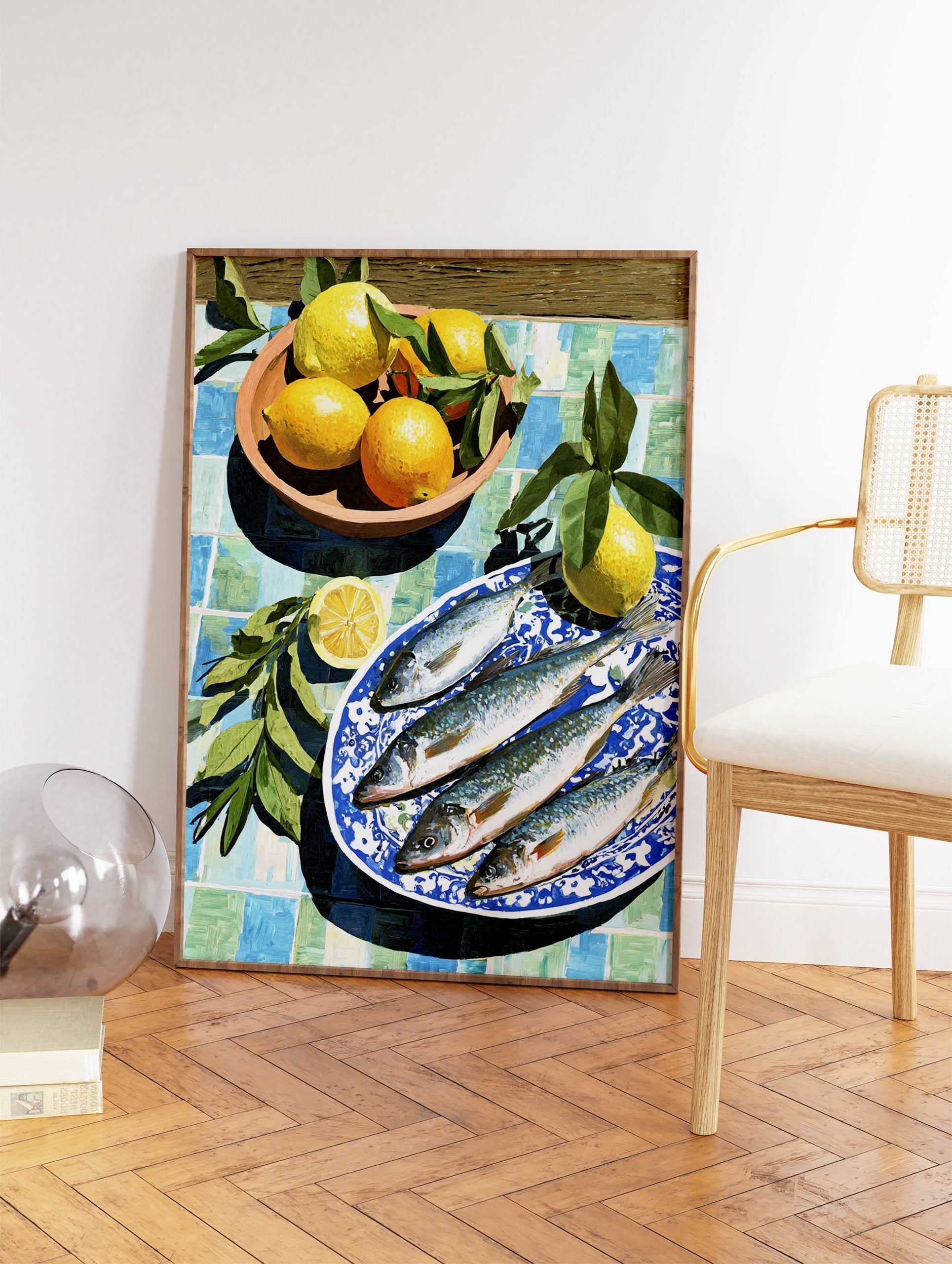 Mediterranean fish and lemons on a blue and white patterned plate and a tiled table, still life wall art print. - Image 2