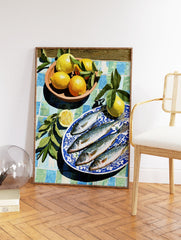 Mediterranean fish and lemons on a blue and white patterned plate and a tiled table, still life wall art print. - Image 2