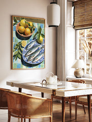 Mediterranean fish and lemons on a blue and white patterned plate and a tiled table, still life wall art print. - Image 3