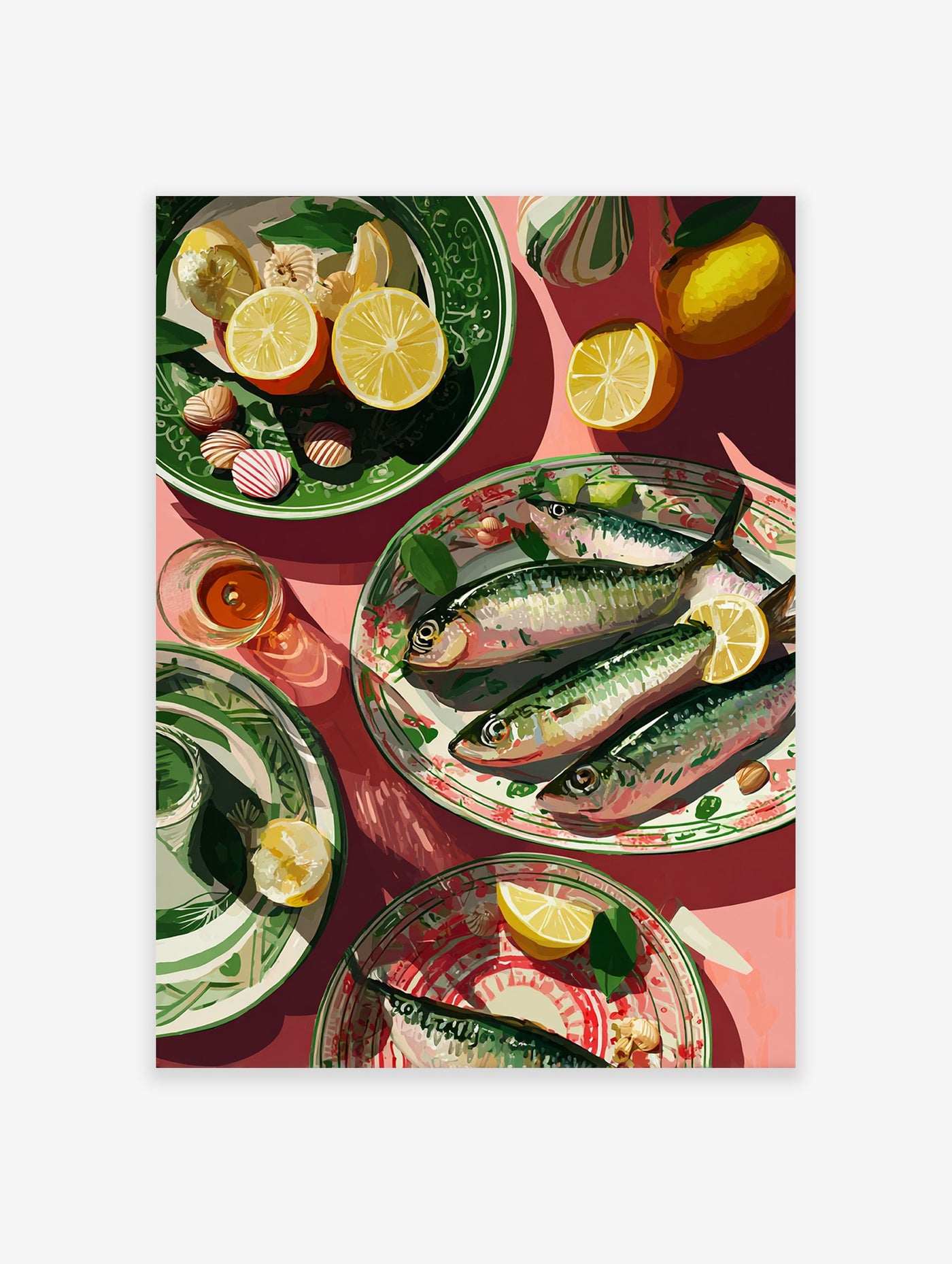 Vibrant illustrative fish wall art print of fresh sardines, lemon slices, and decorative plates on a pink table.