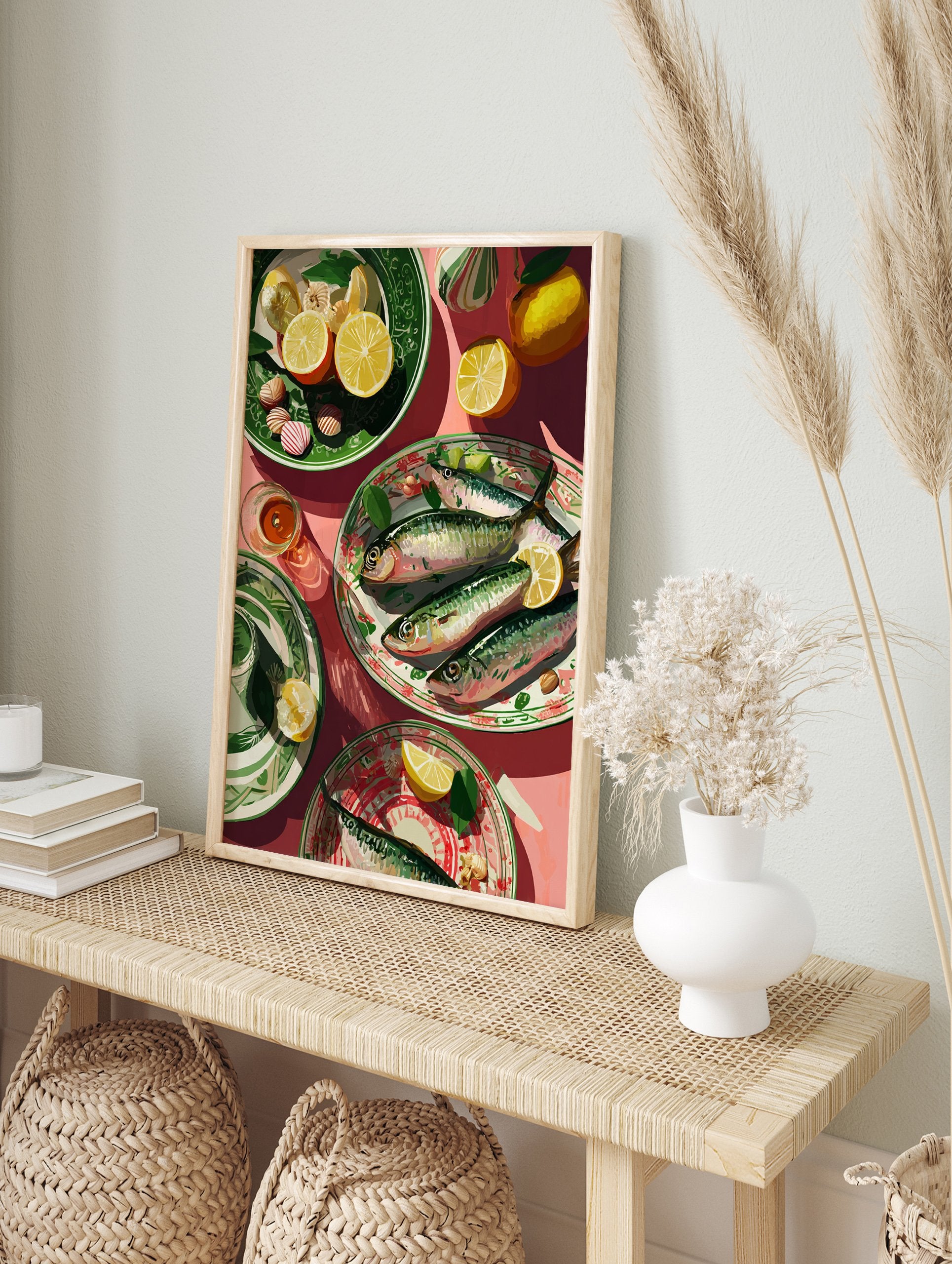 Vibrant illustrative fish wall art print of fresh sardines, lemon slices, and decorative plates on a pink table. - Image 3
