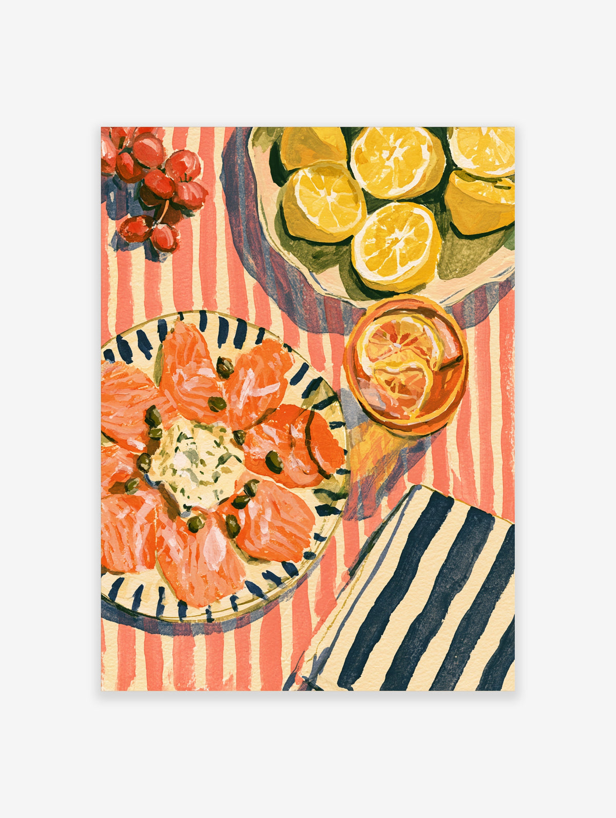 Gouache still life poster of smoked salmon, lemons, and berries on a striped tablecloth