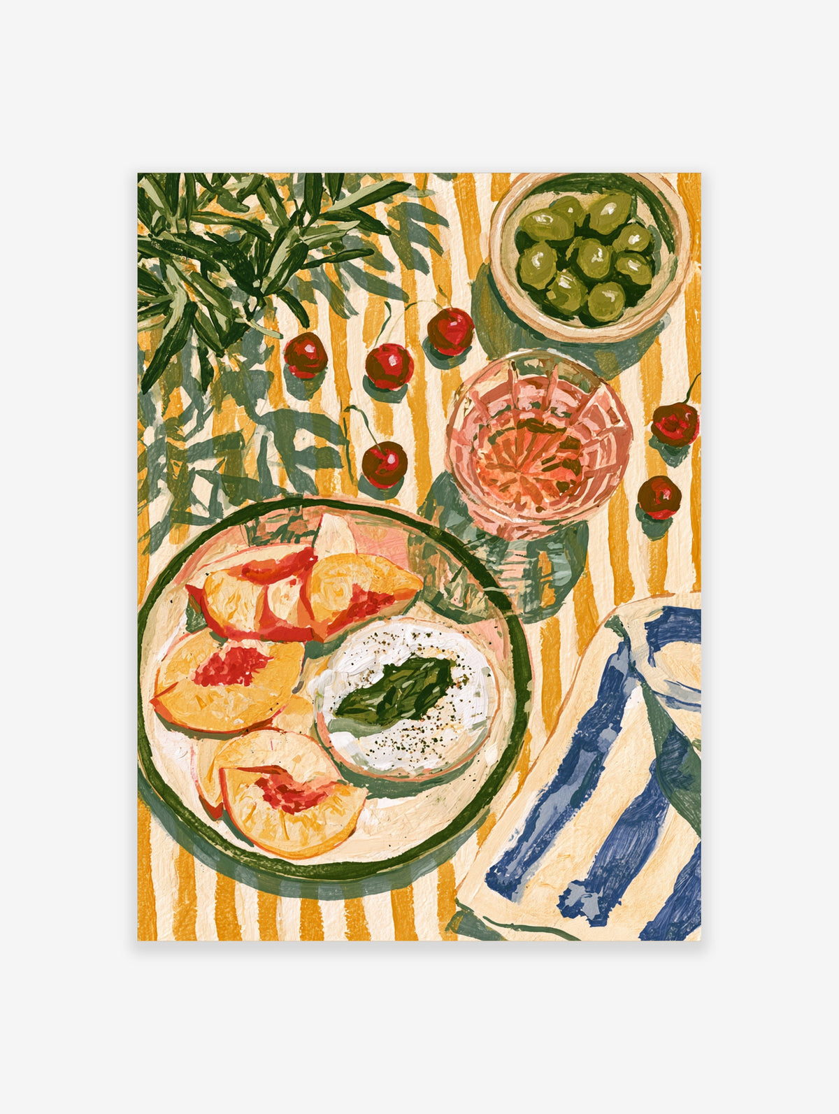 Mediterranean food art print with tomatoes, olives, cherries, and a pink drink on a striped tablecloth