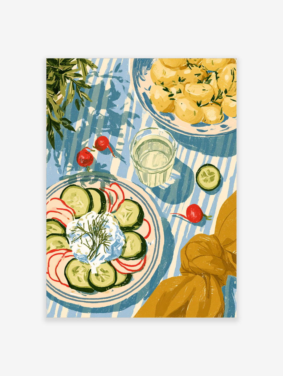 Mediterranean food illustration art print with cucumber salad, potatoes and radishes on blue striped tablecloth