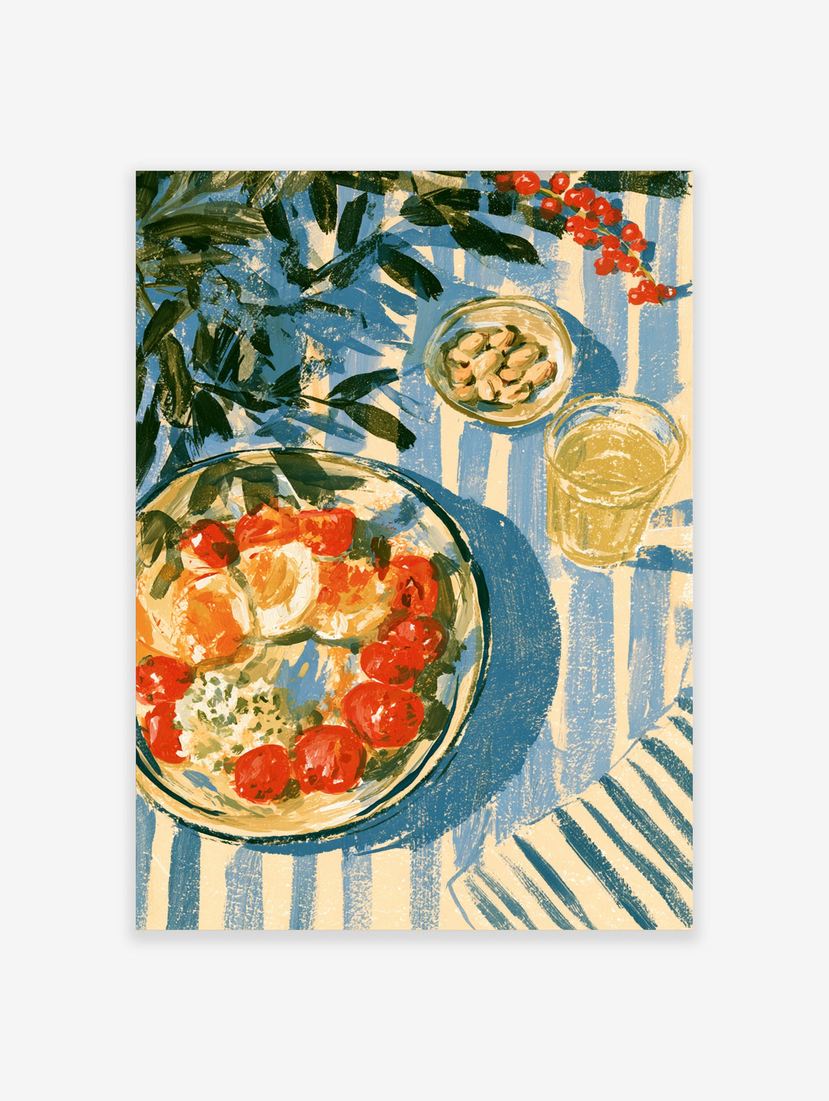 Mediterranean food poster with tomato salad, olives, iced drink, and blue striped tablecloth