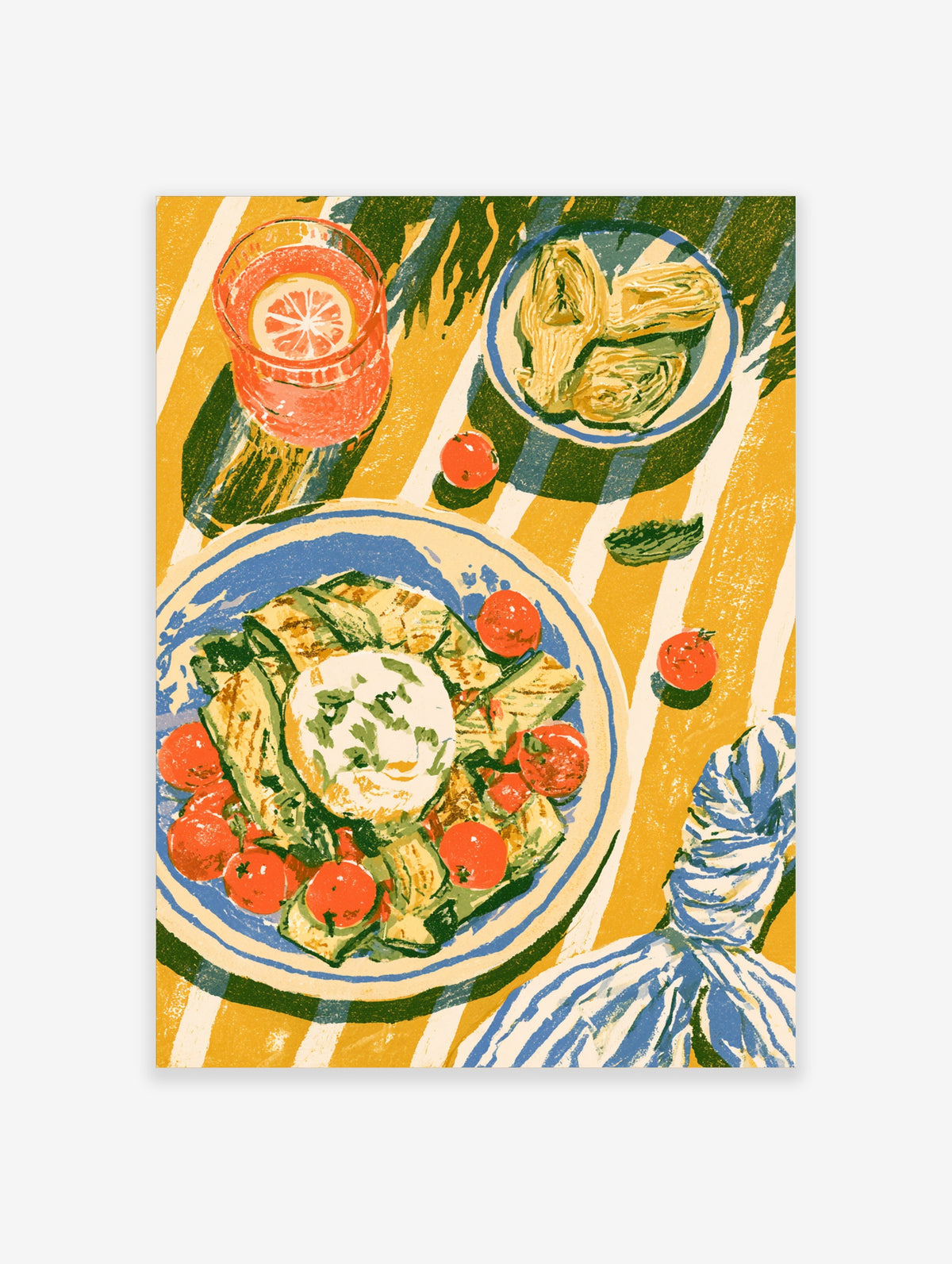 Mediterranean food poster with grilled vegetables, tomatoes, mozzarella, lemon drink and artichokes on yellow stripes
