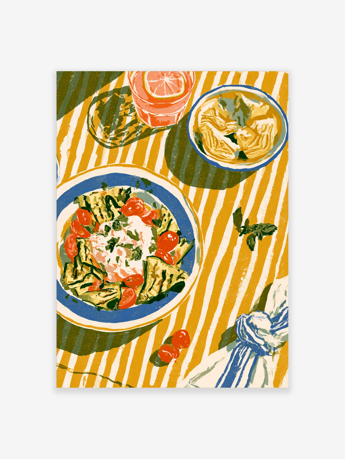 Mediterranean food poster with grilled vegetables, pasta, lemon drink and striped tablecloth