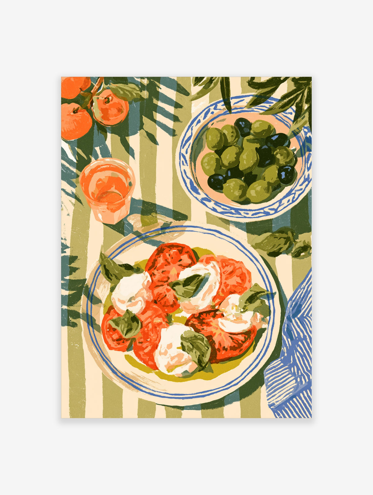 Mediterranean food poster with tomatoes, mozzarella, olives and striped tablecloth