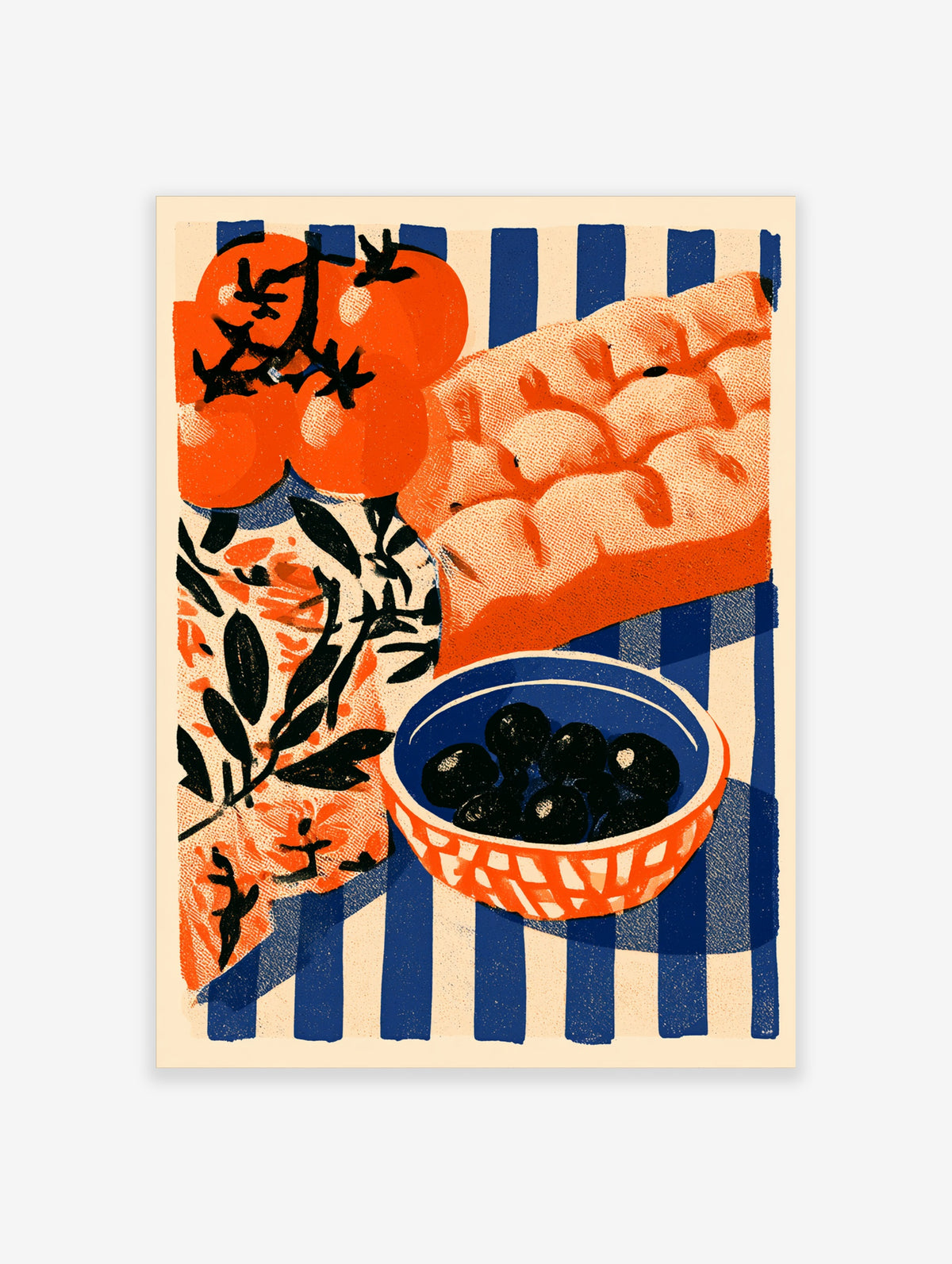 Mediterranean food illustration featuring tomatoes, black olives in a bowl, and bread on a blue and white striped table