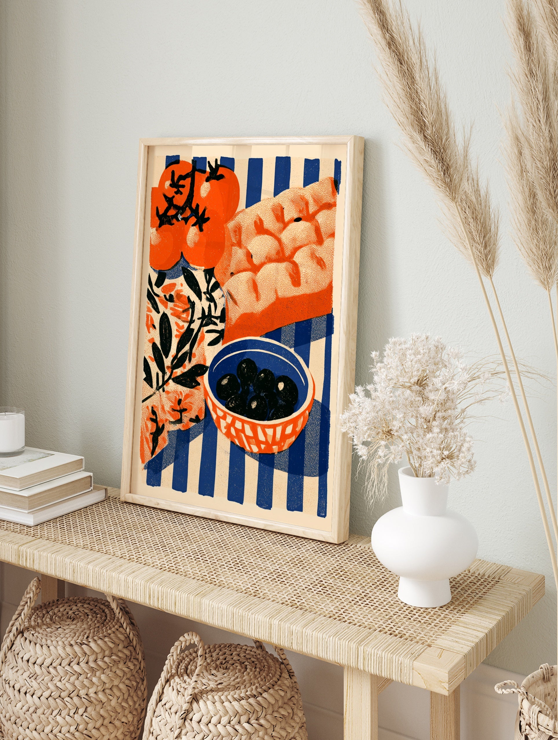 Mediterranean food illustration featuring tomatoes, black olives in a bowl, and bread on a, in an alternate framed mockup