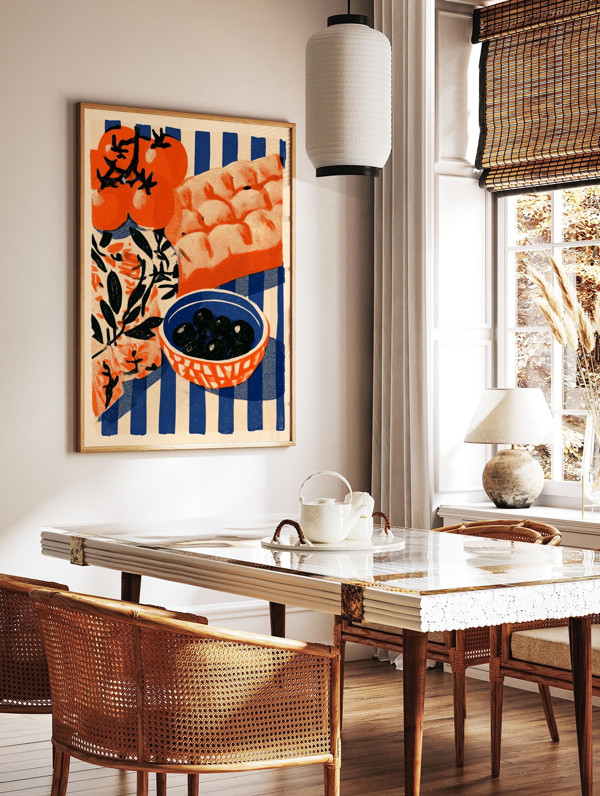 Mediterranean food illustration featuring tomatoes, black olives in a bowl, and bread on a blue and, in a styled room mockup