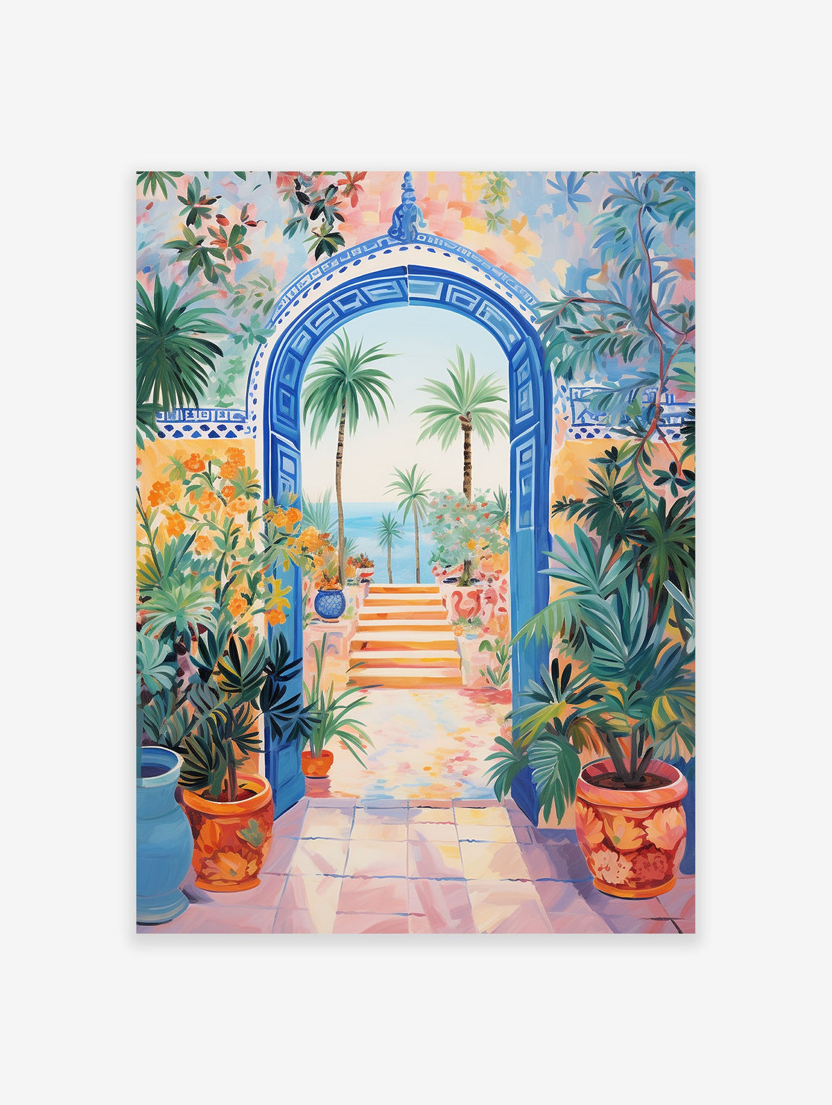 Vibrant Mediterranean Gateway Poster featuring a blue arched entrance, palm trees, ocean view, and colorful potted plants.