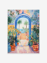 Vibrant Mediterranean Gateway Poster featuring a blue arched entrance, palm trees, ocean view, and colorful potted plants.