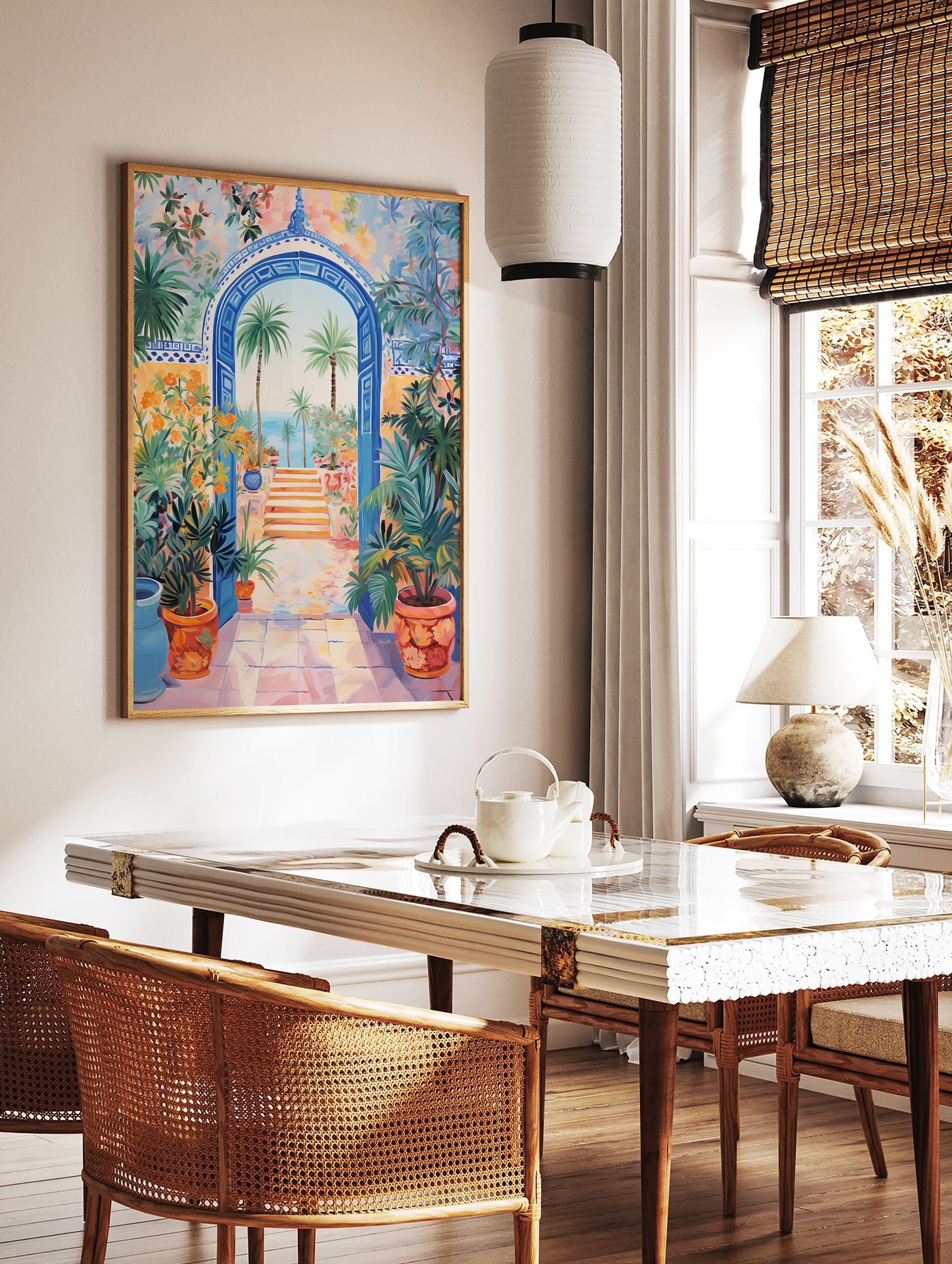 Vibrant Mediterranean Gateway Poster featuring a blue arched entrance, palm trees, ocean view, and colorful potted plants. - Image 2
