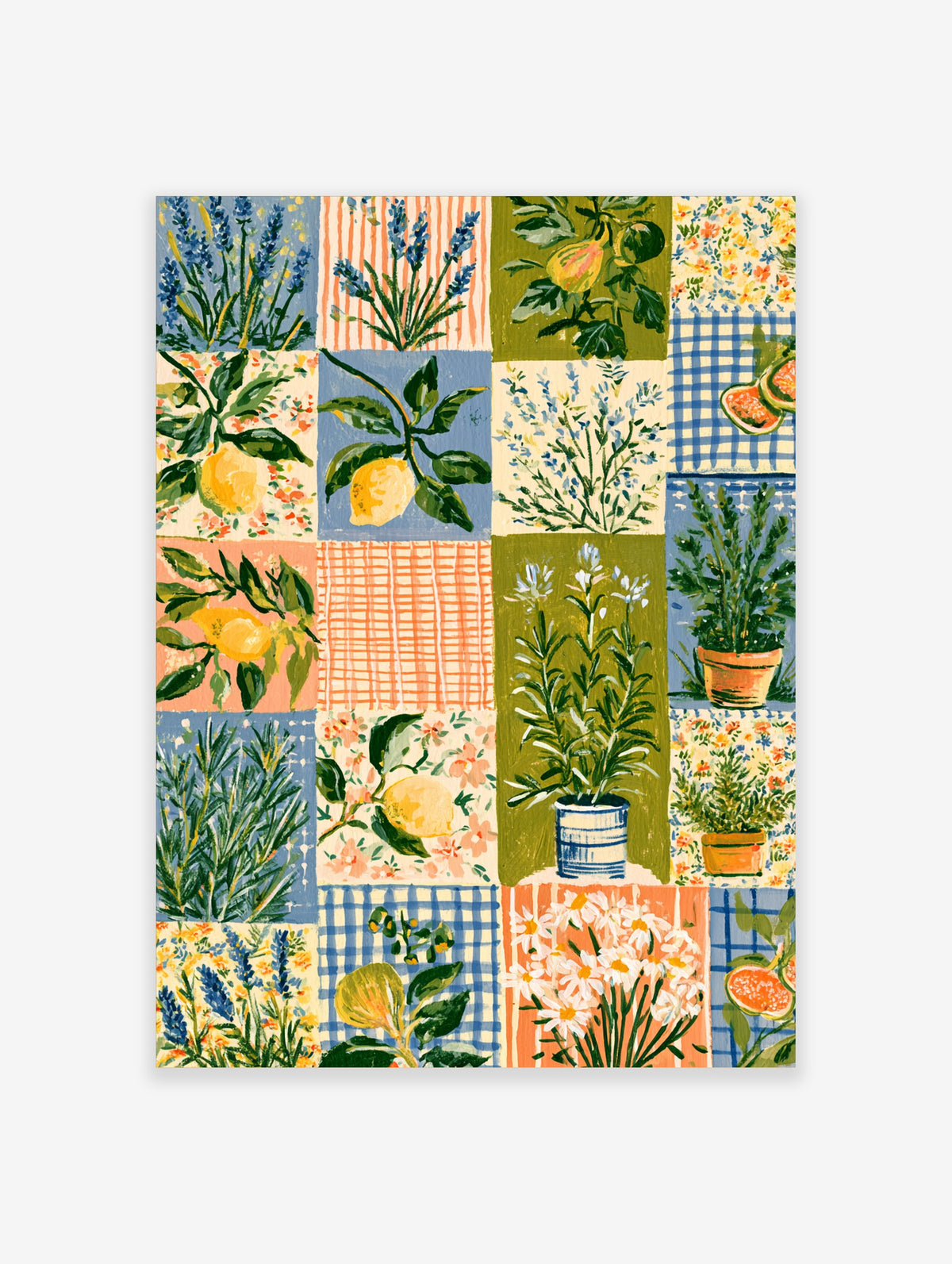 Mediterranean herb and citrus art print with lemons, lavender, rosemary, and gingham checks