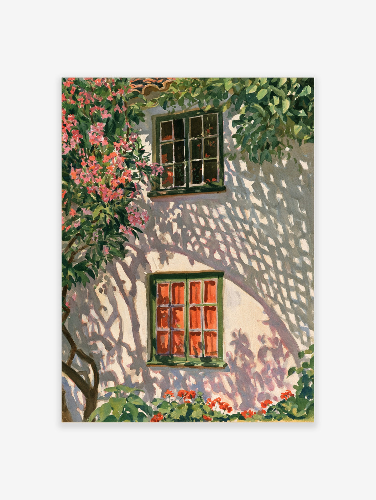 Watercolor illustration of a white Mediterranean wall with a green window, pink oleander flowers, and lattice shadows
