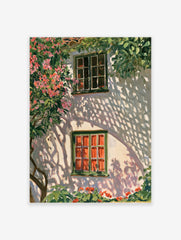 Watercolor illustration of a white Mediterranean wall with a green window, pink oleander flowers, and lattice shadows