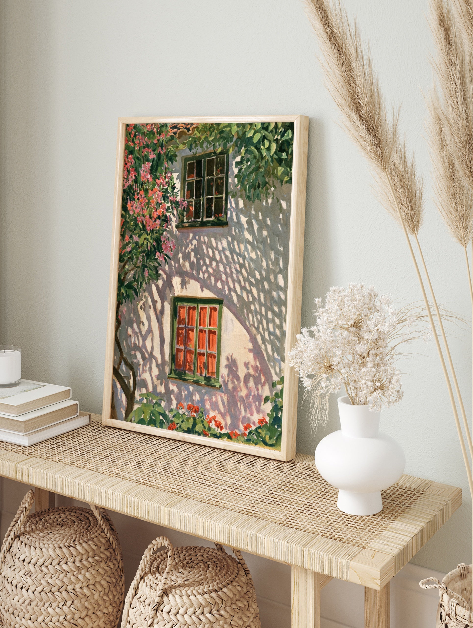 Watercolor illustration of a white Mediterranean wall with a green window, pink oleander, in an alternate framed mockup