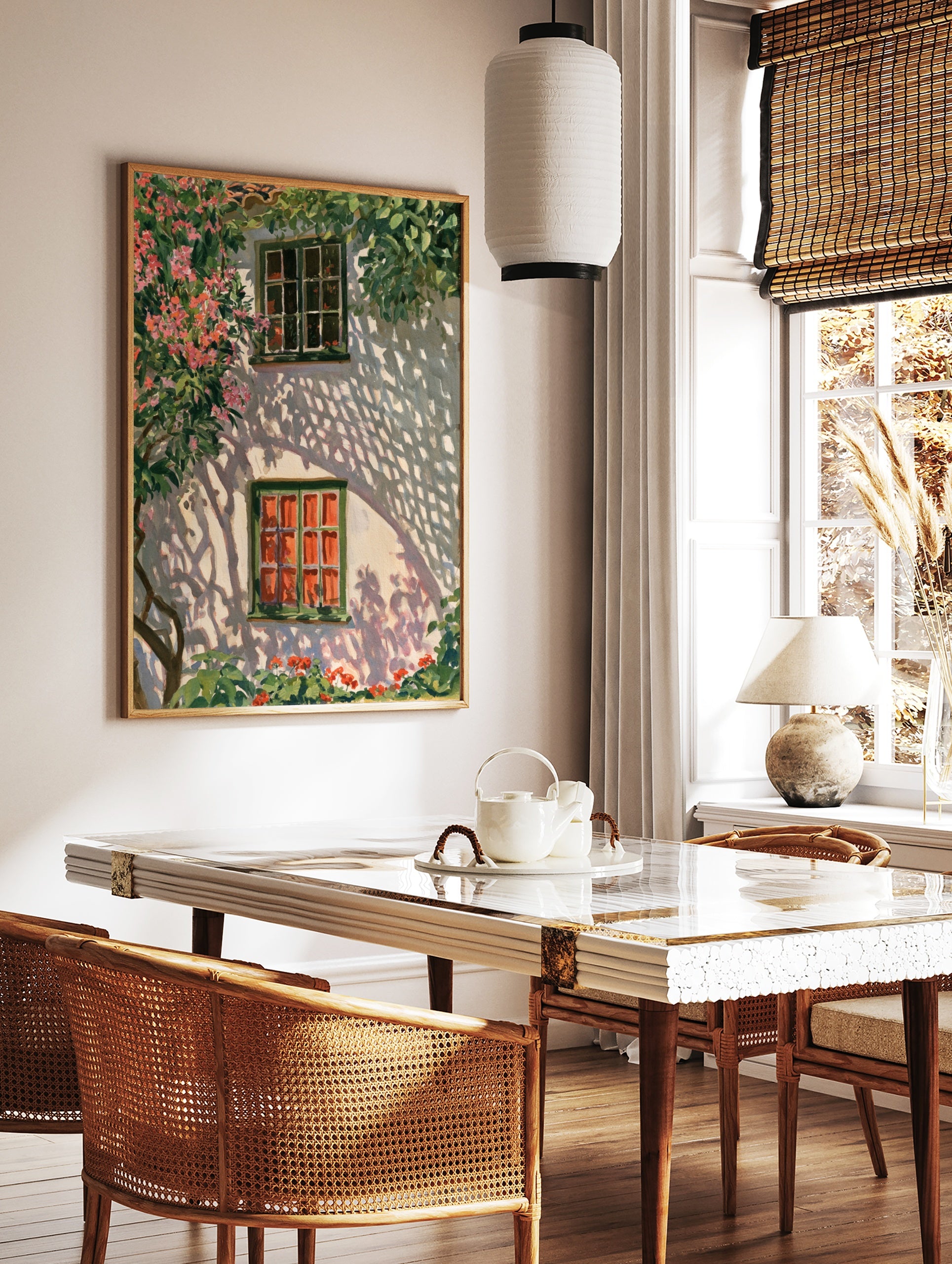 Watercolor illustration of a white Mediterranean wall with a green window, pink oleander flowers, in a styled room mockup
