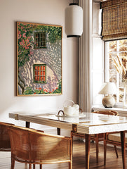 Watercolor illustration of a white Mediterranean wall with a green window, pink oleander flowers, in a styled room mockup