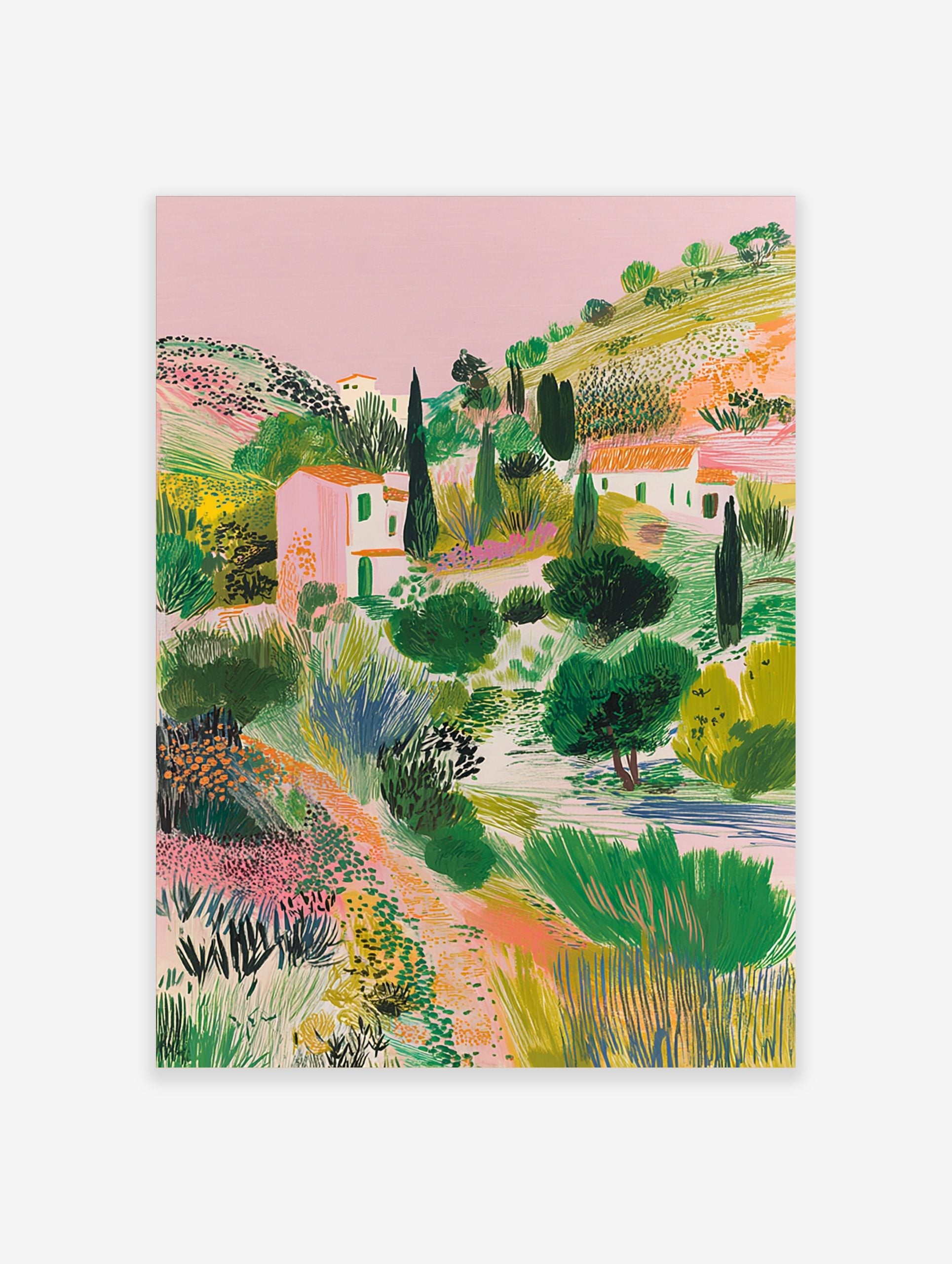 Illustrative Mediterranean landscape print with pink houses, green hills, cypress trees, and a winding path