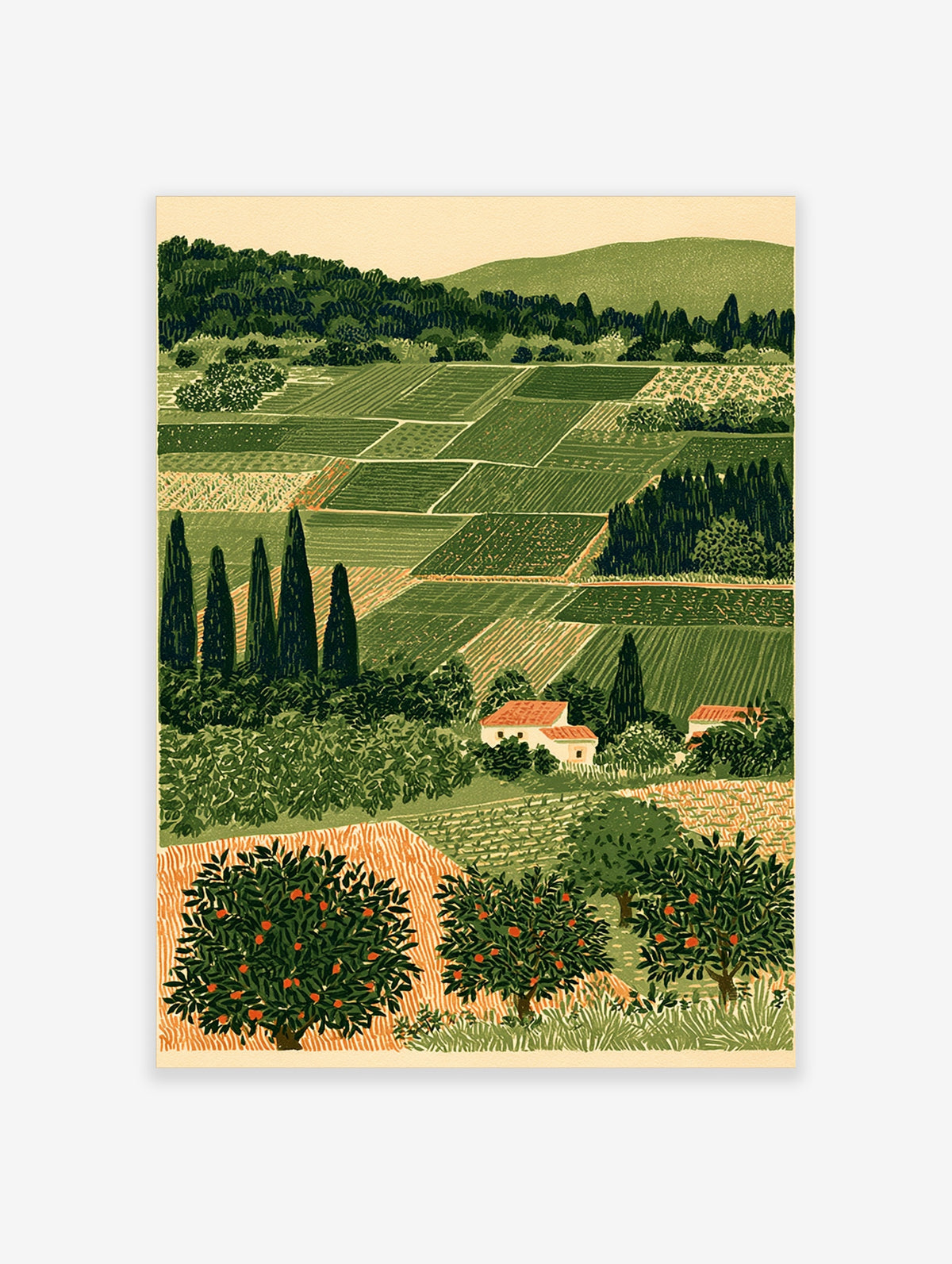 Illustrative rural landscape print with green agricultural fields, cypress trees, and orange fruit trees