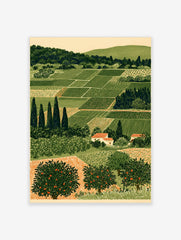Illustrative rural landscape print with green agricultural fields, cypress trees, and orange fruit trees