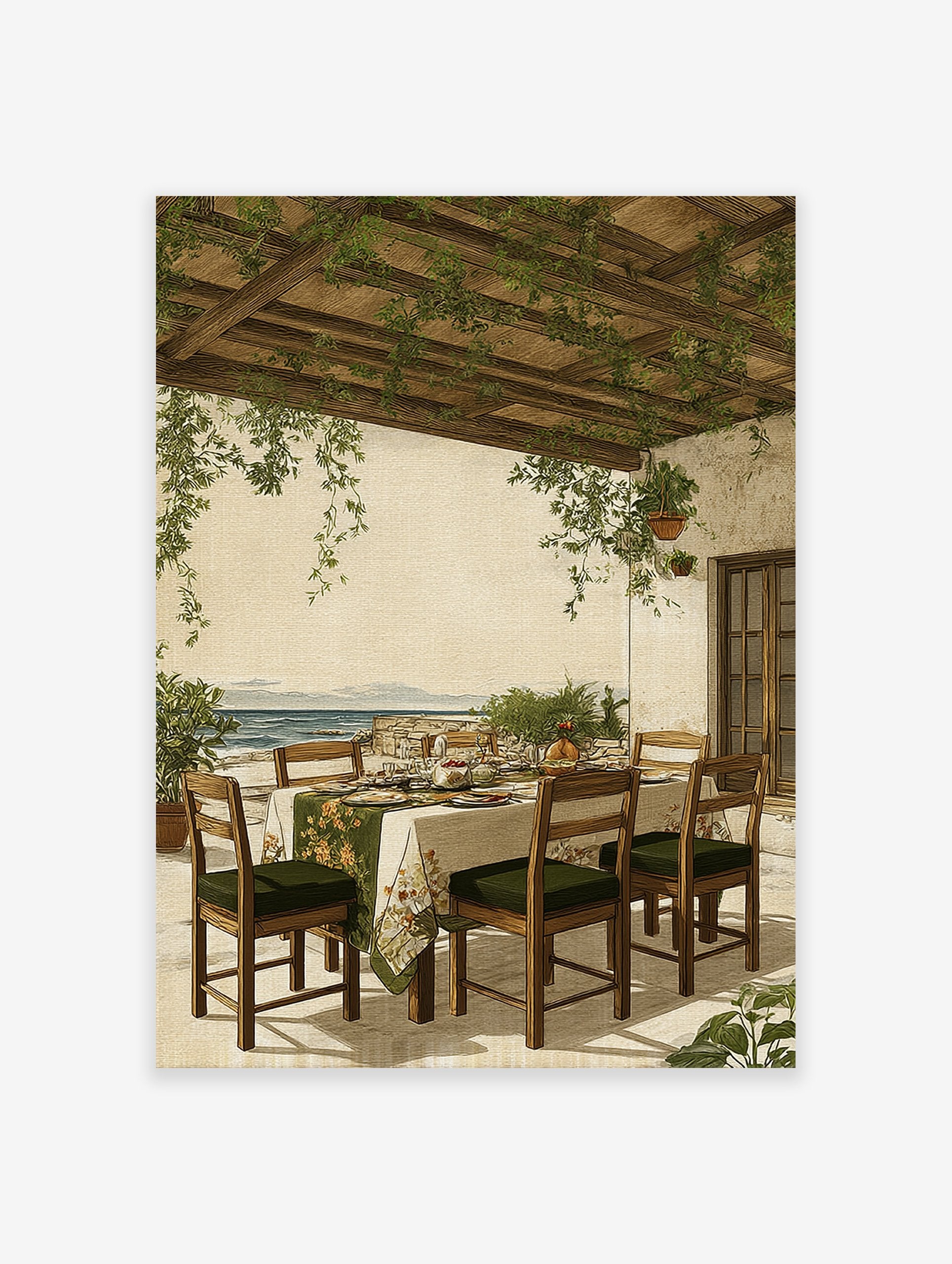 Vintage illustration of a Mediterranean patio dining scene under a vine-covered pergola overlooking the sea.