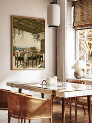 Vintage illustration of a Mediterranean patio dining scene under a vine-covered pergola overlooking the sea. - Image 2