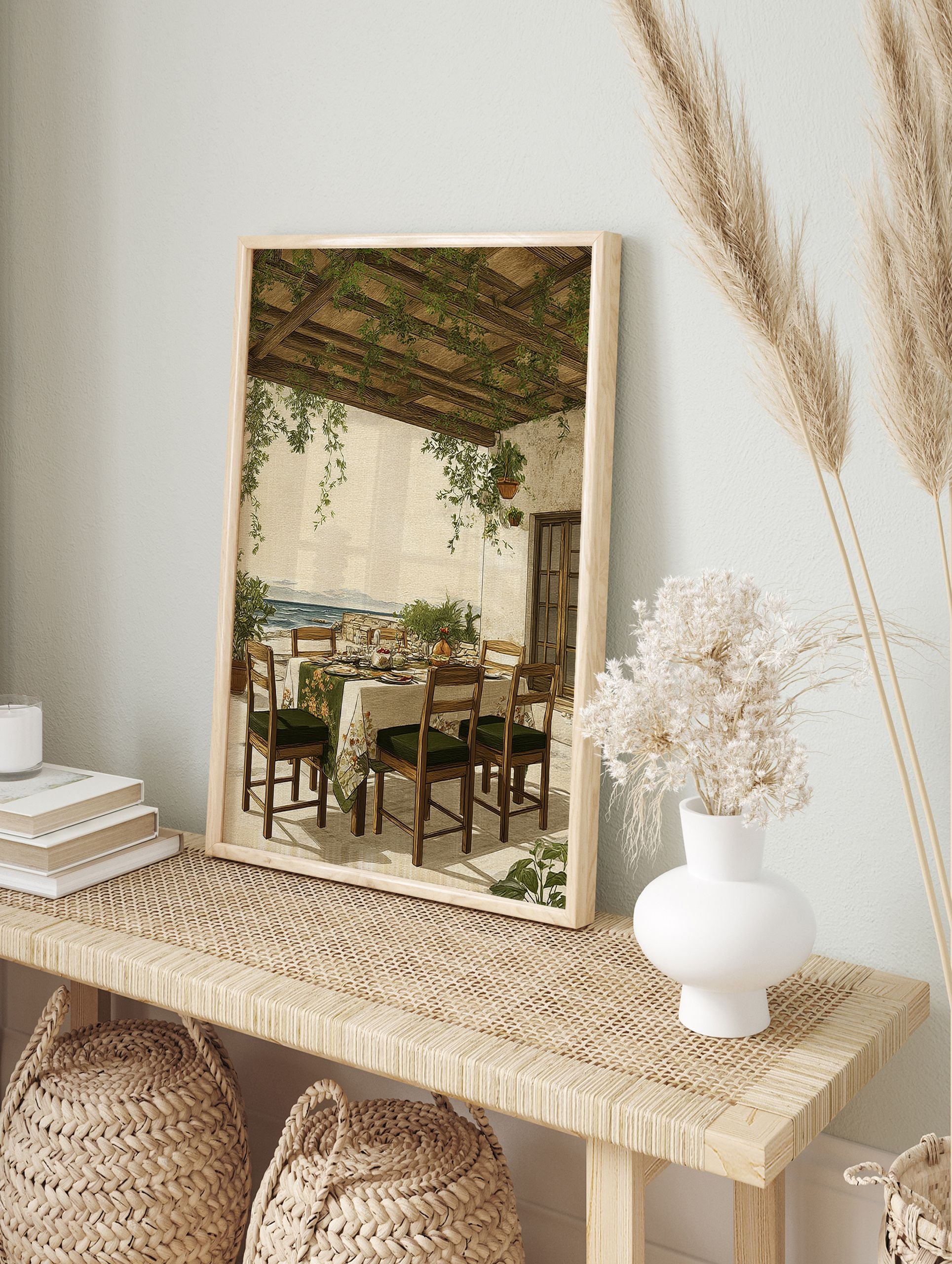 Vintage illustration of a Mediterranean patio dining scene under a vine-covered pergola overlooking the sea. - Image 3