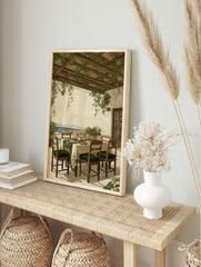 Vintage illustration of a Mediterranean patio dining scene under a vine-covered pergola overlooking the sea. - Image 3