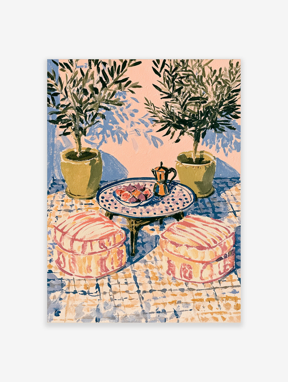 Mediterranean patio art print with olive trees, coffee pot, figs and striped poufs on a tiled floor