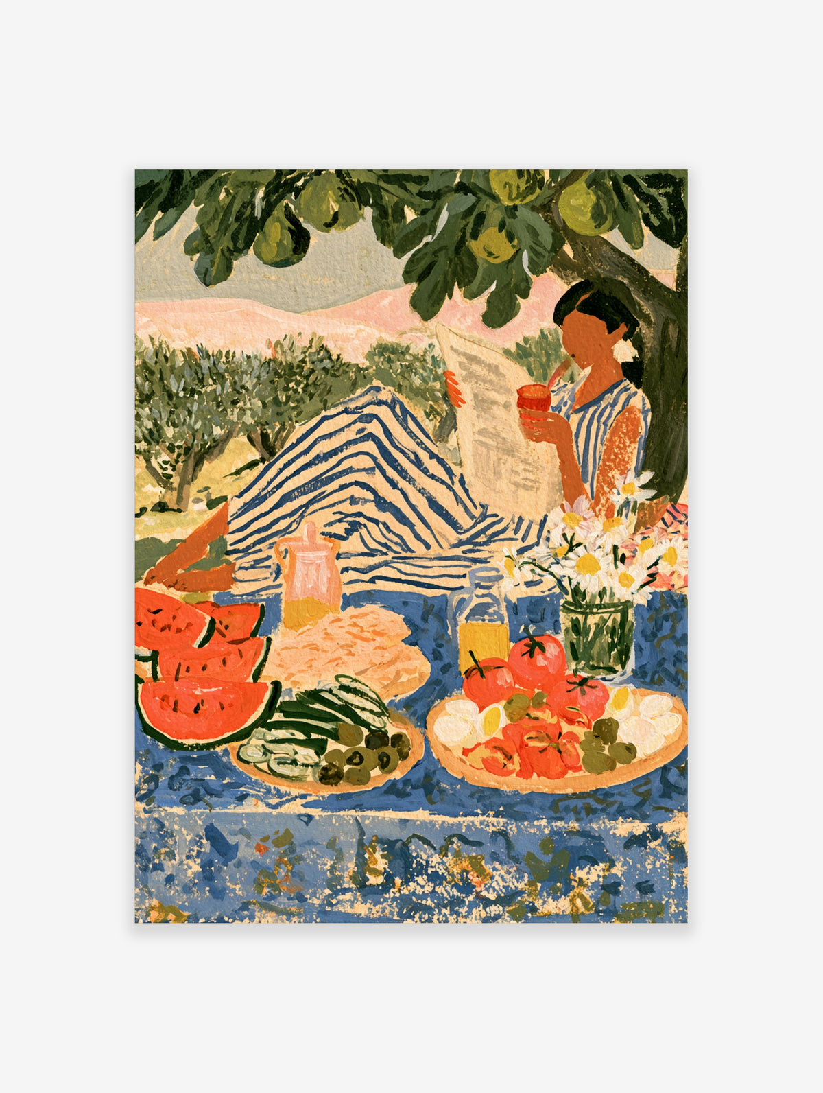 Mediterranean picnic poster with woman reading in blue stripes, watermelon and tomatoes under a fig tree